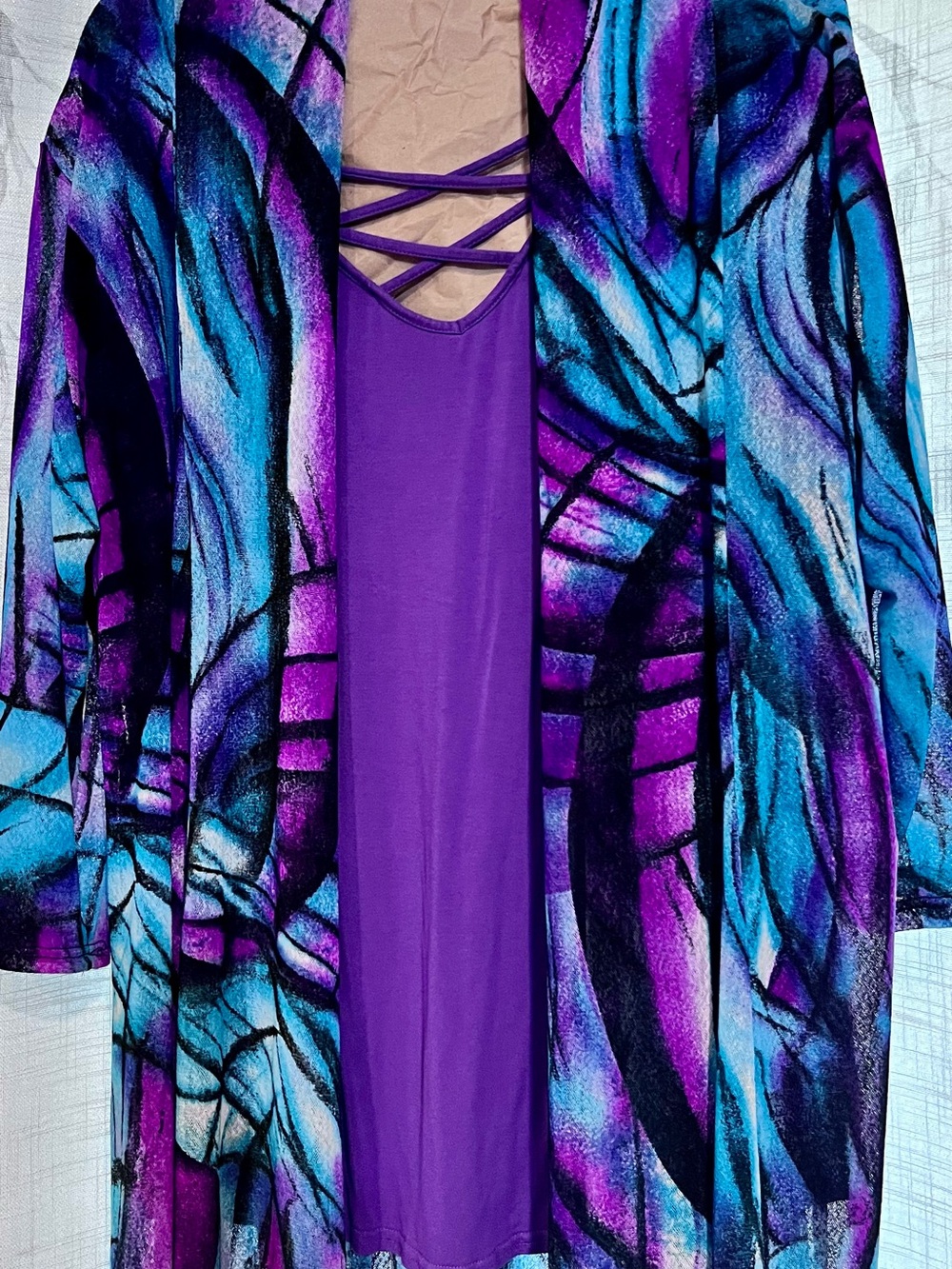Creation 2X Sheer Stained Glass Print Long Open Front Duster Jacket